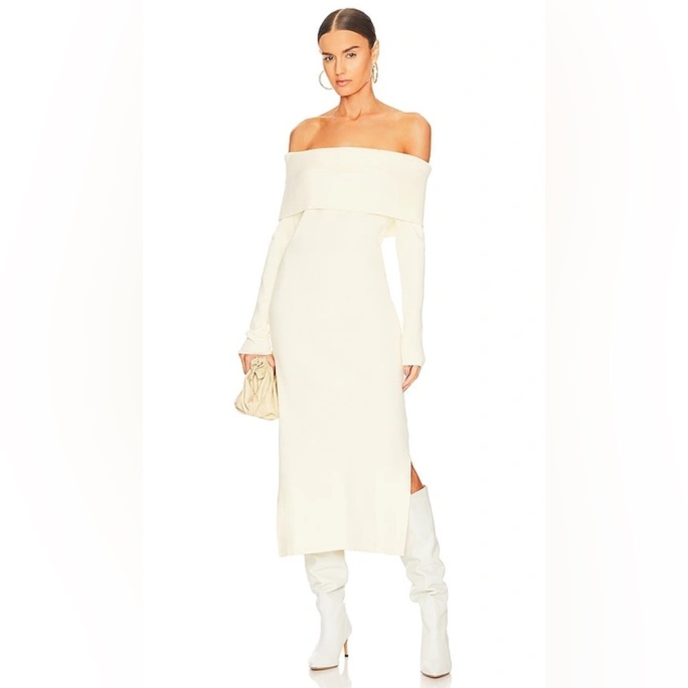 REVOLVE Cream Off-Shoulder Midi Dress